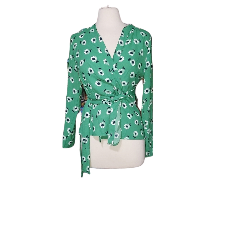 Halogen XS Wrap Long Sleeve Top Shirt Blouse Floral Green Daisy